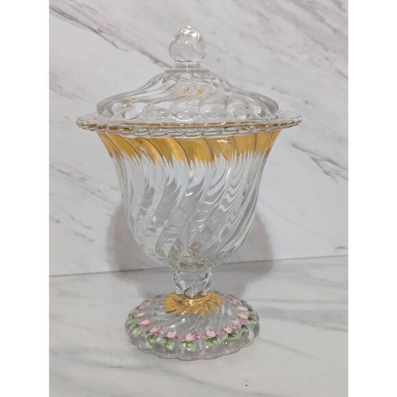 Fostoria Vintage 1920-1949 Colony Footed Urn W/Lid Hand Painted Gold & Floral - Picture 1 of 10